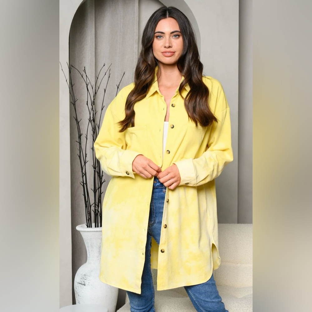 Peach Love California Washed Button Up Shirt Jacket in Yellow